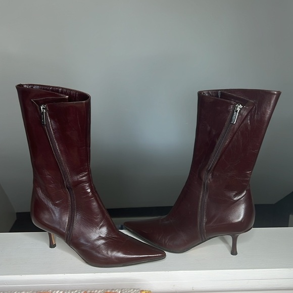 Jimmy Choo Sz 35 Brown Leather Kitten Heel Mid Leg Side Zip Boots - Picture 1 of 13